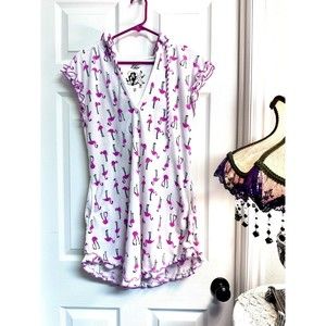 Betsey Johnson Cover Up Dress Sz M Terry White Pink Flamingo Hooded Lettuce Edge